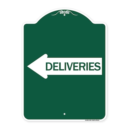 Signmission Designer Series Deliveries W/ Left Arrow, Green & White Aluminum Sign, 18" x 24", GW-1824-24363 A-DES-GW-1824-24363